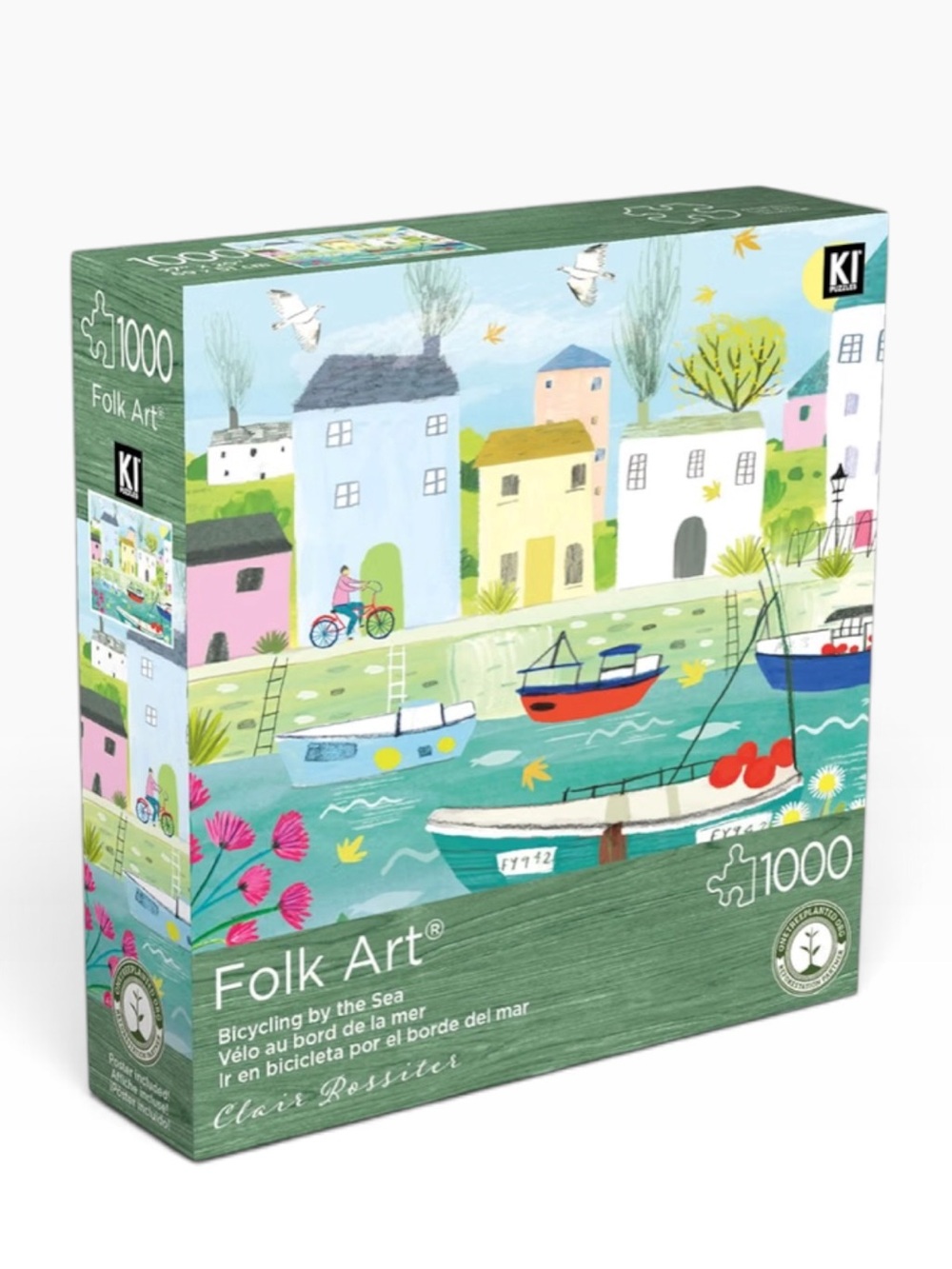 KI Puzzles Folk Art Bicycling by The Sea by Clair ROSSITER 1000 Piece 27x20